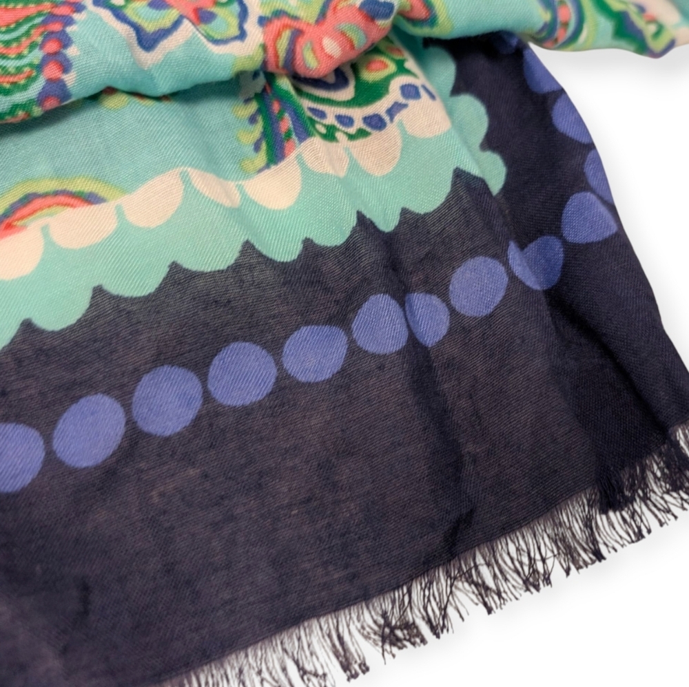 TALBOTS Colorful Oblong Floral Scarf Navy Blue Aqua Green Coral Pink 72x27 New - Picture 7 of 12